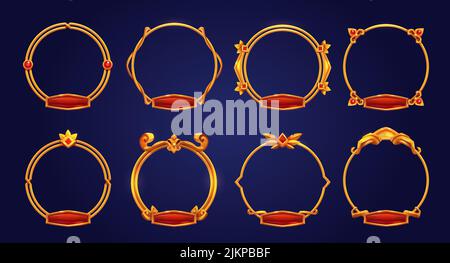 Golden vintage game frames, ui medievale bordi rotondi di metallo d'oro con gemme e pulsanti rossi. Cartoon metallo vuoto bordering con gemme, isolare Illustrazione Vettoriale