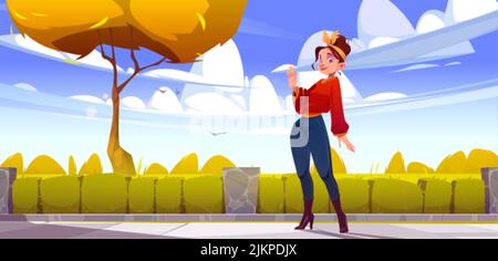 Donna nel parco della città d'autunno che sventolano la mano nel gesto di saluto. Personaggio femminile dire ciao in piedi su strada con hedge recinto e arance albero, parco in f Illustrazione Vettoriale