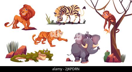Cartoon animali selvatici tigre, scimmia, zebra e leone con elefante e coccodrillo. Abitanti della giungla predatori e erbivori in zoo o parco safari. Sia Illustrazione Vettoriale