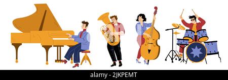 Concerto di musica jazz band. Musicisti che suonano su sassofono, pianoforte, violoncello e batteria. Illustrazione piatta vettoriale di gruppi di persone con strumenti musicali Illustrazione Vettoriale