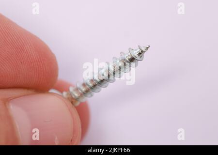 Primo piano di una mano che tiene una vite a testa tonda metallica su sfondo bianco Foto Stock