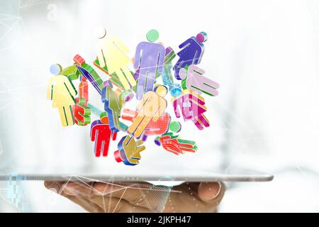 Un rendering 3D di un gruppo di icone colorate galleggianti su un tablet - concetto di comunicazione Foto Stock