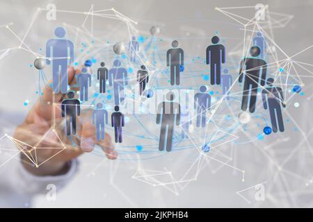 Un rendering 3D di icone umane con un tocco manuale su di esso dal concetto di comunicazione dietro ai social network Foto Stock