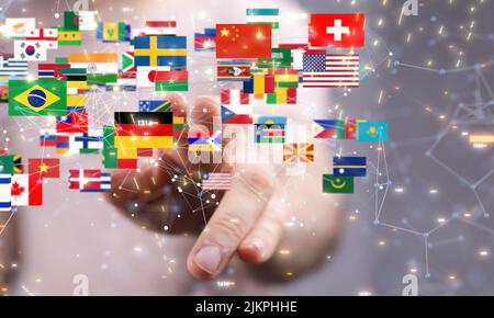 Il rendering 3D di una mappa virtuale del mondo con tutti gli stati e le relative bandiere Foto Stock