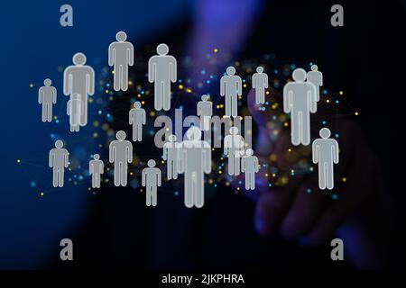 Un'illustrazione delle figure umane che mostrano il collegamento e la rete fluttuanti nell'aria Foto Stock