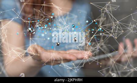 Un rendering 3D di business di social network con connessioni neurali che galleggiano sopra le mani Foto Stock