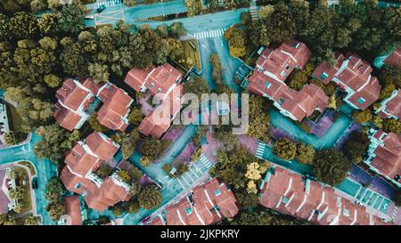 Una vista aerea delle case dal tetto rosso con il verde della città Foto Stock