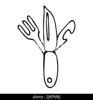 Coltello da tasca Doodle. Coltello dell'esercito svizzero disegnato a mano. Illustrazione vettoriale. Illustrazione Vettoriale