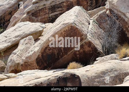 Antichi petroglifi sulle rocce scolpite dai Puebloans nel Parco Nazionale della Foresta pietrificata, Arizona Foto Stock