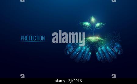 Due mani umane sono tenere germoglio verde. Lancette in poly basse e pianta su sfondo blu scuro. Struttura a reticolo in poli bassi. Astratto futuristico vecto Illustrazione Vettoriale