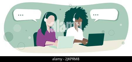 Le donne del call center lavorano e parlano al telefono mentre digitano sul computer. Assistenza clienti. Contact us Concept. Modello di illustrazione vettoriale. Illustrazione Vettoriale