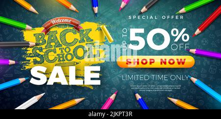 Back to School sale Design con matita colorata e lettere tipografiche sullo sfondo scuro della lavagna. Illustrazione vettoriale per l'offerta speciale, coupon Illustrazione Vettoriale