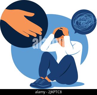 Concetto di disturbo mentale, dolore e ansia. La mano umana aiuta. Uomo solitario triste in depressione. Illustrazione vettoriale. Piatto. Illustrazione Vettoriale