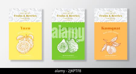 Set di modelli di etichette per frutta e Berries Pattern. Collezione di layout per il disegno di Vector Packaging. Banner di tipografia moderna con Yuzu disegnato a mano, Bergamot e. Illustrazione Vettoriale