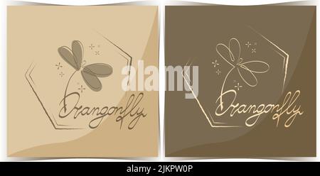 Un set di poster, adesivi. Scritta stilizzata a mano disegnata da dragonfly. Logo. Iscrizione disegnata a mano. Vettore. Disegno a linea singola. Boho. Dragonfly. Insec Illustrazione Vettoriale