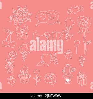 Amore e romantici fiori doodle set. Rosa e bouquet nuziale, freccia Cupidi e cuore alato, cactus, vasi di fiori, regalo e fragole. Vettore outlin Illustrazione Vettoriale