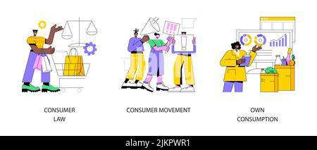 Interessi e abitudini del compratore astratto concetto vettore illustrazione set. Diritto e tutela dei diritti dei consumatori, consumo domestico di alimenti e bevande, beni e servizi, metafora astratta della conformità. Illustrazione Vettoriale