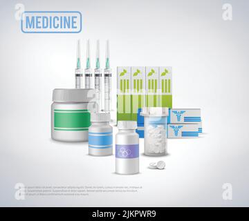 Prodotti medicali per l'assistenza sanitaria background concettuale con composizione di iniettori realistici pacchetti pills con illustrazione vettoriale del testo Illustrazione Vettoriale