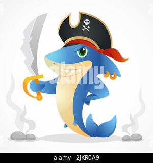 Grave squalo cartoon pirata mascotte tenuta sciabola. Carattere animale piatto per favola e storia dei bambini. Cappello capitano con scuola Illustrazione Vettoriale