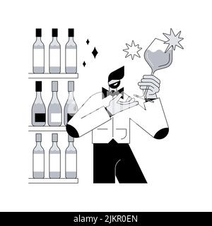 Sommelier concetto astratto illustrazione vettoriale. Enoteca, esperto del ristorante, servizio enologico, menu gastronomico, certificazione, gilda internazionale, bottiglia di vetro, che serve drink metafora astratta. Illustrazione Vettoriale