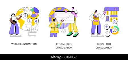 Gruppo di illustrazione vettoriale astratta dell'economia mondiale. Consumo mondiale, consumi intermedi e domestici, beni e servizi, agenzia statistica globale, metafora astratta dei conti nazionali. Illustrazione Vettoriale