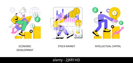 Gruppo di illustrazione vettoriale del concetto astratto dell'economia globale. Sviluppo economico, indice del mercato azionario, capitale intellettuale, istituto finanziario, tasso di cambio, metafora astratta degli investimenti in denaro. Illustrazione Vettoriale