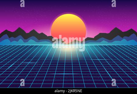 Synthwave retro Sun futuristico Geometric Landscape Mountains Sci-Fi Illustrazione sfondo Illustrazione Vettoriale