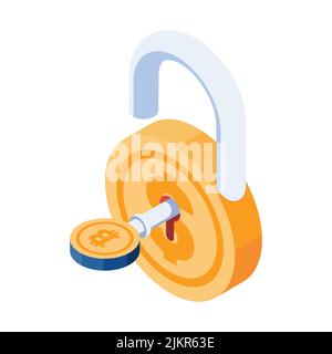 Flat 3D Isometric Bitcoin Key sbloccare Dollar Coin. Bitcoin e concetto di criptovaluta. Illustrazione Vettoriale