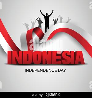 17th agosto Happy Independence Day Indonesia con bandiera ondulata. Disegno vettoriale Illustrazione Vettoriale