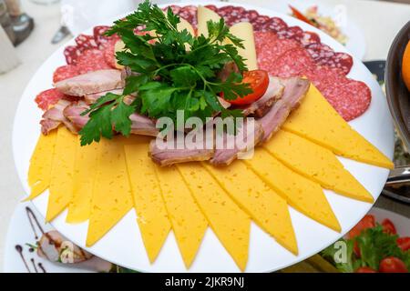 Un piatto di antipasti freddi con varie salsicce, carne e formaggio. Verdi e pomodori. Foto Stock