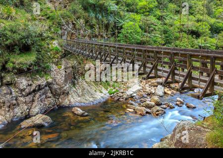 Un ponte pedonale attraversa un fiume roccioso nella gola di Karangahake, Nuova Zelanda Foto Stock