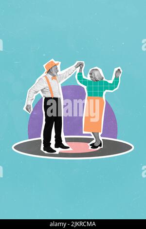 Grafica creativa astratta modello immagine di divertente funky pensionato coppia divertirsi insieme isolato disegno sfondo Foto Stock