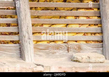 Granaio rurale tradizionale in un'Europa . Rustico granaio di legno in fattoria, vista closeup, scena rurale. Foto Stock