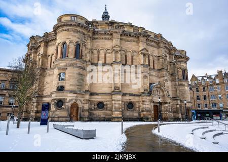 Università di Edimburgo McEwan Hall nella neve su Bristo Square, Southside, Edimburgo, Scozia, Regno Unito Foto Stock