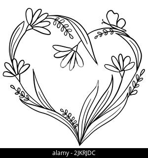 Illustrazione floreale disegnata a mano con foglie di fiori a forma di cuore. Pianta con farfalla, linea nera contorno fogliame. Concetto di design amore San Valentino Foto Stock