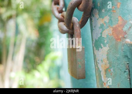 la porta della data è stata chiusa con lucchetti e catene Foto Stock