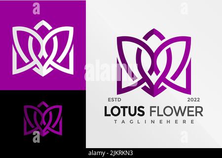 Un disegno digitale di un modello di logo fiore di loto con una tavolozza viola, bianca e nera Illustrazione Vettoriale