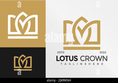 A digital illustration design of a lotus crown company logo template with a gold, white, black palette Illustrazione Vettoriale
