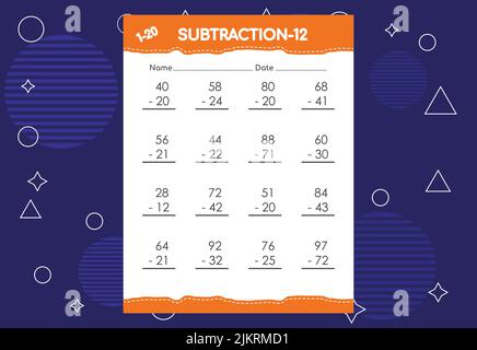 Foglio di lavoro di sottrazione per bambini. Foglio di lavoro delle attività matematiche educative per i bambini Illustrazione Vettoriale
