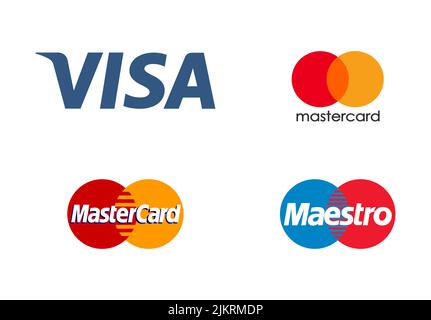 POLONIA, WROCLAW - 22 LUGLIO 2022: Ritiro dei badge del sistema di pagamento internazionale Visa, MASTERCARD e MAESTRO. Le varianti vettoriali per i siti web, Illustrazione Vettoriale