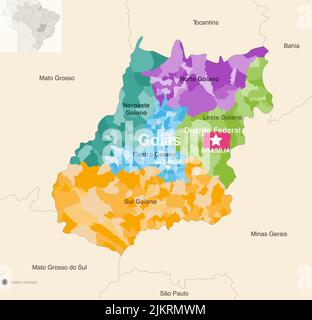 Brasile stati Goias e Distrito carta amministrativa federale che mostra i comuni colorati per regioni di stato (mesoregioni) Illustrazione Vettoriale