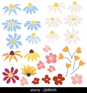 Set di 1970 fiori in stile retrò in colori luminosi. Groovy daisy retro per biglietti d'auguri, scrapbooking Illustrazione Vettoriale