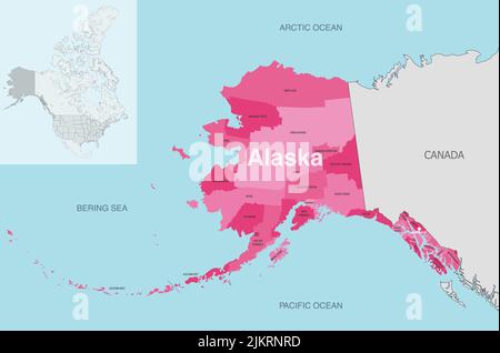 Mappa vettoriale delle contee dello stato dell'Alaska con gli stati vicini e le terrotorie Illustrazione Vettoriale