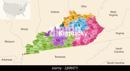 Le contee dello stato del Kentucky colorate da una mappa vettoriale dei distretti del Congresso con gli stati vicini e le terrotorie Illustrazione Vettoriale