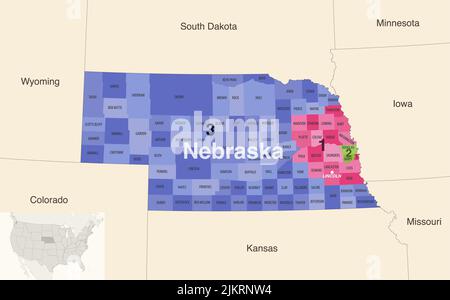 Le contee dello stato del Nebraska sono colorate da una mappa vettoriale dei distretti del Congresso con gli stati vicini e le terrotorie Illustrazione Vettoriale