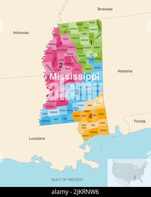 Le contee dello stato del Mississippi sono colorate da una mappa vettoriale dei distretti del Congresso con gli stati vicini e le terrotorie Illustrazione Vettoriale