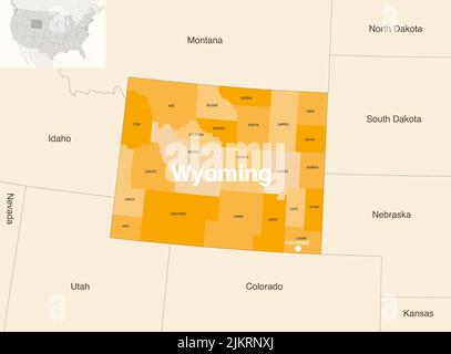 Mappa vettoriale delle contee dello stato del Wyoming con gli stati e i terrotories vicini Illustrazione Vettoriale