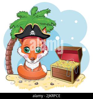 Fox pirata, personaggio cartoon del gioco, animale selvatico in un bandana e un cappello nascosto con un cranio, con una patch occhio. Carattere con occhi luminosi e t Illustrazione Vettoriale