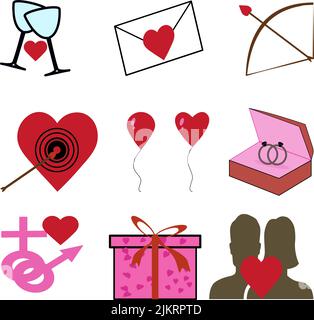 Un insieme di icone di buon giorno valentine, cuori, doni, busta e anelli su sfondo bianco Illustrazione Vettoriale
