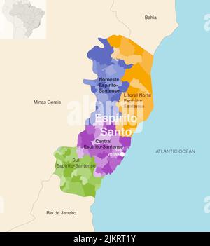 Brasile stato Espirito Santo mappa amministrativa che mostra i comuni colorati per regioni di stato (mesoregioni) Illustrazione Vettoriale